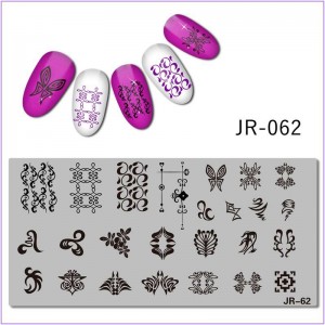 Пластина для печати на ногтях JR-062, вензеля, узор, орнамент, линии, бабочка, крылья