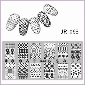 JR-068 Placa de impressão de unhas Geometria Traços Flores Setas Círculos Quadrados Triângulos Folhas Nuvens Guarda-chuva