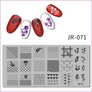 Пластина для печати на ногтях JR-071, зебра, стрела, пальма, якорь, трава, сова, геометрия, цветы