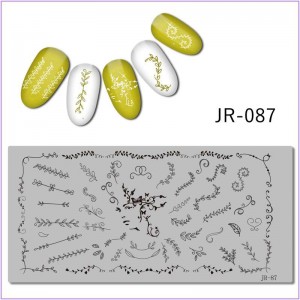 Пластина для печати на ногтях JR-087, листья, вензеля, бабочка, маленькие листики