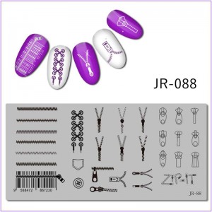 Пластина для друку на нігтях JR-088, змійка, шнурок, гудзик, зигзаг, штрих-код, собачка, шиття