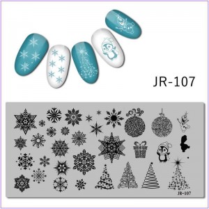 Пластина для печати на ногтях JR-107, елка, подарок, звезда, игрушки на елку, новый год, снежинки, снеговик, Олаф, пингвин