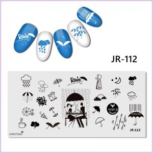 Пластина для печати на ногтях JR-112, дождь, радуга, зонт, свидание, тучи, капля, штрих код, чашка, дождевик 