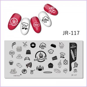 JR-117 Placa de impressão de unhas Chef confeiteiro Pizza Cherry Luva Cupcake Pão Bolo Donut Bastão de balanço