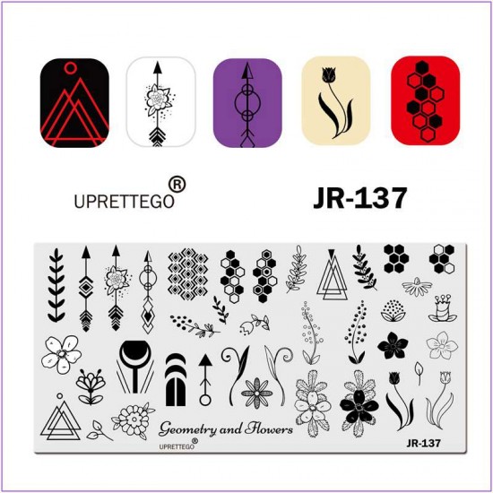 JR-137 Placa de Impressão de Unhas Triângulo Hexágono Flores Flecha Tulipa