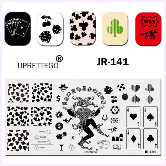 JR-141 Nail Printing Plate Joker Martini Cherry Money Horse Cards Spades Hearts Clubs Diamonds Poker-3142-uprettego-estampillage