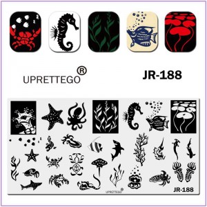 JR-188 Nail Printing Plate Sea Marine Animals Crab Pearl Shark Fish Seahorse