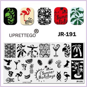 Пластина для друку на нігтях JR-191, літо, ананас, мартіні, текіла, папуга, лимон, пальма, фламінго