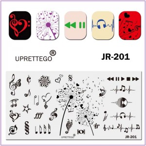 Пластина для печати на ногтях JR-201, ноты, музыка, бабочка, одуванчик, скрипичный ключ, сердце, наушники