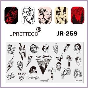 JR-259 Nail Stamping Plate Girl Face Cross Twin Broken Glass Tears Knife