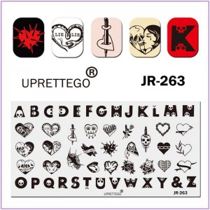 JR-263 Nail Drukplaat Schedel Letters Gebroken Hart Schedel Tranen Zwaard Hart