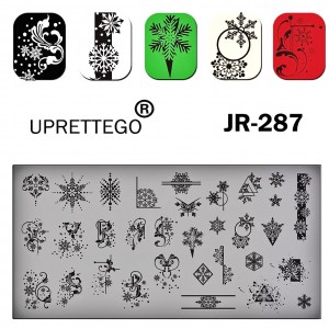 JR-287 Placa de Impressão de Unhas Floco de Neve Estampagem de Unhas Padrão de Canto Monogramas Ornamentos Linhas Triângulos