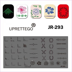 JR-293 Placa de estampado de uñas Patrón de esquina Flores Hojas Puntos Líneas