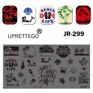 Пластина для друку на нігтях JR-299, море, пляж, в'єтнамки, пальма, русалка, черепашка, пісок, краб, морська зірка