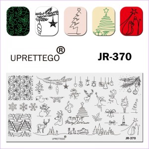 Пластина для друку на нігтях JR-370, новорічні орнаменти, ялинки, олені, свічка, бант, сніжинка, іграшки на ялинку