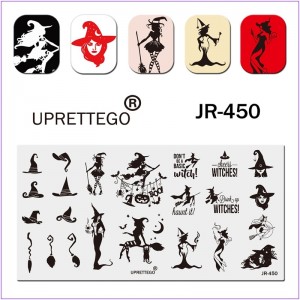  JR-450 Nail Stamping Plate Halloween Araignée Balai Nuit Chat Peur Chapeau Sorcière Citrouille