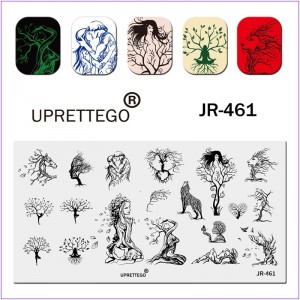 JR-461 Placa de impresión de uñas Árbol de amor Pareja Chica Hojas Corazón Lobo León Caballo