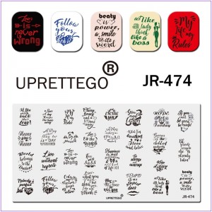 Пластина для друку на нігтях JR-474, дівчина на підборах, красиві фрази, серце, губи, стріла, корона, стемпінг пластини
