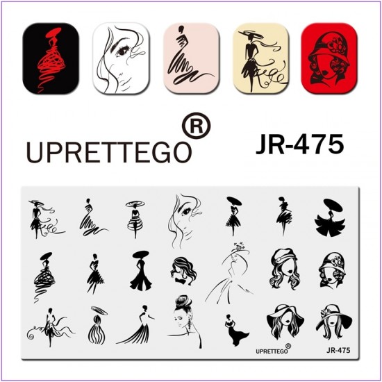 JR-475 Nail Printing Plate Elegant Lady Girl Model Dress Pattern Hat Lips Woman Silhouette