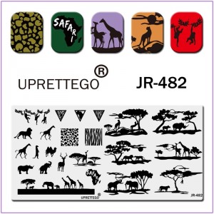 Пластина для друку на нігтях JR-482, Африка, тварини, дерева, текстура леопарда, слон, мавпа, носоріг, жираф, тигр, Сафарі