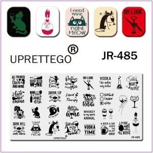 JR-485 Placa de impresión de uñas Gato con vaso Chica Vino Sacacorchos Botella Cerveza Frases Placa de estampado