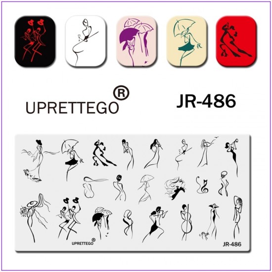 JR-486 Płyta do drukowania paznokci Dziewczyna Kot Trąbka Mewa Płyta do stemplowania Kapelusz Skrzypce Parasol Kieliszek do wina-3142-uprettego-cechowanie