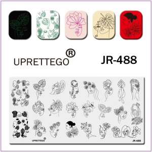 Пластина для друку на нігтях JR-488, стемпінг пластина, дівчина з квітами, укладання, обличчя, ноги, квіти, листя