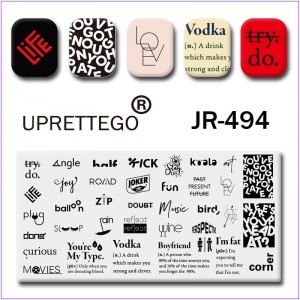  JR-494 Nail Printing Plate Différentes Phrases Musique Cils Parapluie Gouttes Femme Homme Joker Amour Vodka