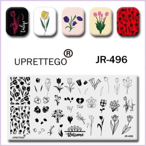 Пластина для друку на нігтях JR-496, тюльпани, букет, лист тюльпану, ласкаво просимо, візерунок з тюльпанів, пластина для стемпінгу