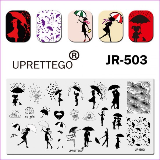 JR-503 Nail Printing Plate Autumn Rain Umbrella Child Under Umbrella Love Couple Cat In The Rain Rubber Boots