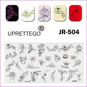 JR-504 Nageldrukplaat Delicate bloemen Bloemen Lijnen Bladeren Stippen Nagelstempelen