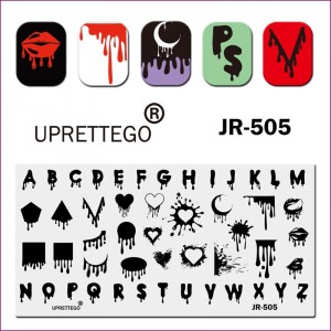 Пластина для друку на нігтях JR-505, потіки, англійський алфавіт, шрифт з потіками, геометричні фігури, губи, язик