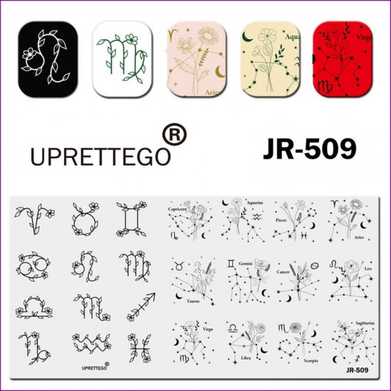 Plaque dimpression pour ongles JR-509 Signes du zodiaque Étoiles Bélier Taureau Gémeaux Cancer Lion Vierge Balance Scorpion Sagittaire Capricorne Verseau Poissons-3142-uprettego-estampillage