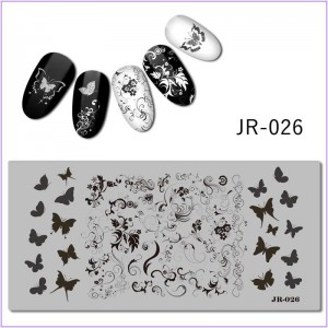  Plaque pour impression sur ongles JR-026, monogrammes, papillons, feuilles, motifs fleurs