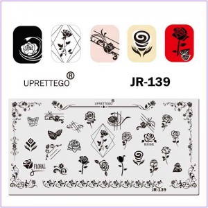 Plate for printing on nails JR-139, rose, frame, small flowers, leaves, monograms