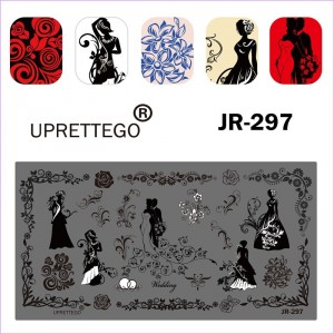 Plaat voor het bedrukken van nagels JR-297, bruiloft, liefde, monogrammen, patronen. bruid, bloemen, boeket, ringen