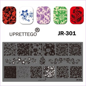 Plaat voor het bedrukken van nagels JR-301, originele monogrammen, florale ornamenten, delicate bloemen