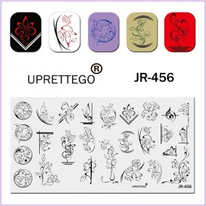 Plaque pour l'impression sur les ongles JR-456, ornements délicats, coins, cercles, fleurs, feuilles, monogrammes, motifs