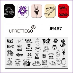 Placa para imprimir en uñas JR-467, placa de estampado, inscripciones originales, ratón, gatos, patas, blot, pastel