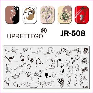 Пластина для друку на нігтях JR-508, абстракція, лінії, круги, крапки, потіки, квадрати, стемпінг пластина