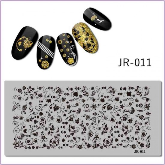 Пластина для друку на нігтях JR-011, вензелі, квіти, листя, візерунки.