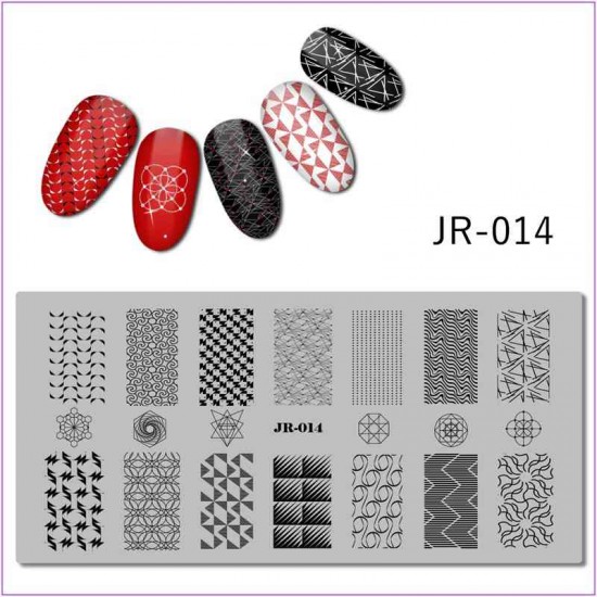 Пластина для печати на ногтях JR-014, орнамент, узов, геометрия, паутинка