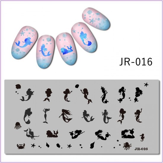 Пластина для печати на ногтях JR-016, русалка, ракушка, море, морской конек, краб, восьминог