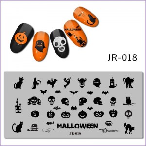 Пластина для печати на ногтях JR-018, Холоуин, свеча, тыква, череп, кот, рука, рыба, привидение, летучья мышь 