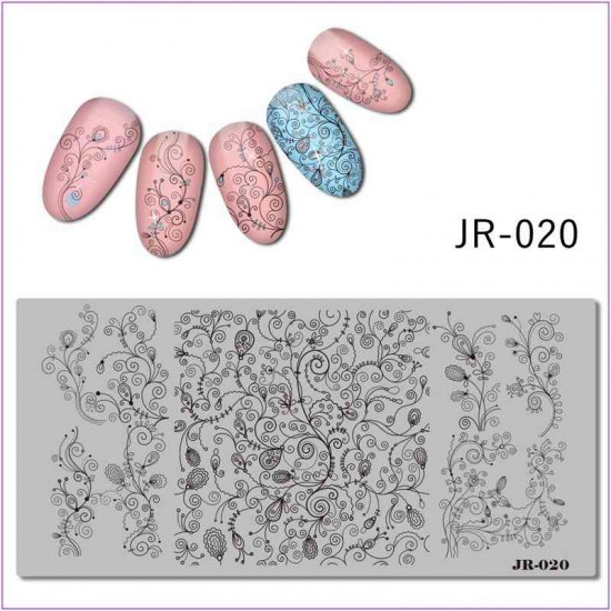 Placa de impresión de uñas JR-0020, monogramas, patrones, flores, hojas