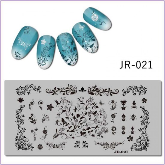 Пластина для печати на ногтях JR-021, вензеля, цветы, листья, узоры, тюльпаны, одуванчик