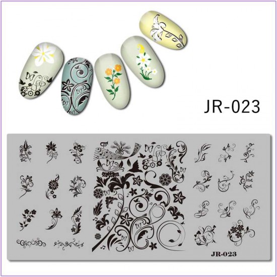 Пластина для печати на ногтях JR-023, вензеля, узоры, цветы, листья, орнамент, птицы, бабочки, ноты