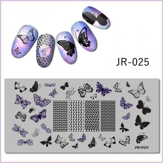 Пластина для печати на ногтях JR-025, бабочки, узор из бабочек