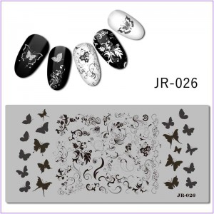 Пластина для печати на ногтях JR-026, вензеля, бабочки, листья, цветочки узоры