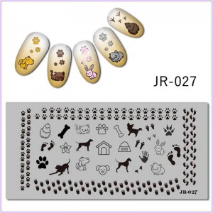 Пластина для печати на ногтях JR-027, животные, собака, кот, заяц, лапа, косточка, будка, след